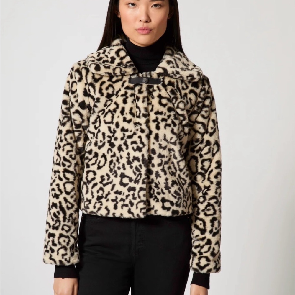 Adrienne Landau Snow Leopard Faux Fur Jacket Size Lg NWT white & black